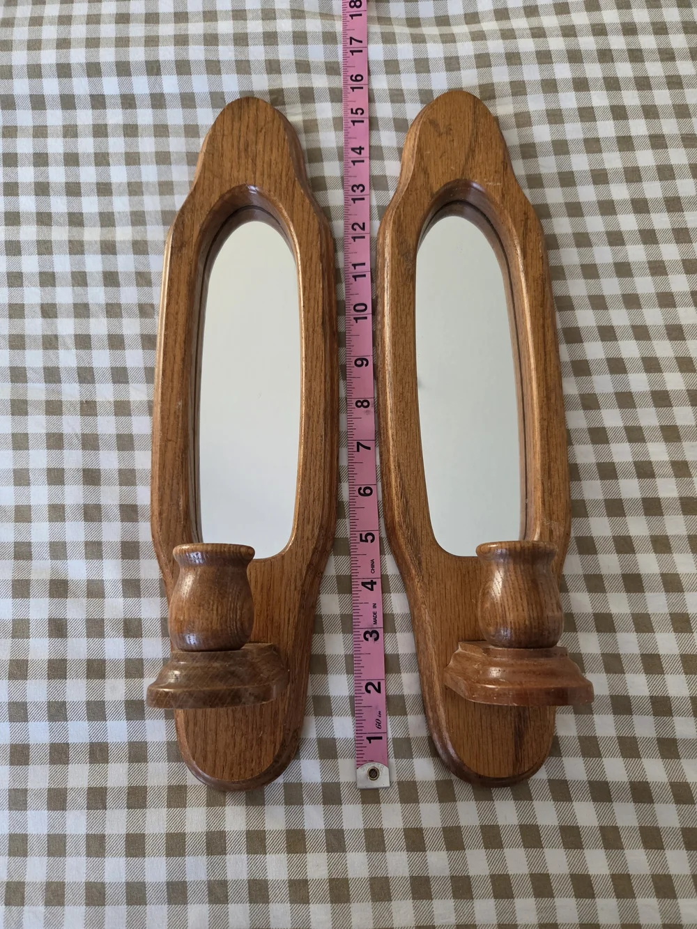 Vintage Oak Wall Sconces with Mirror, Swt Of Two